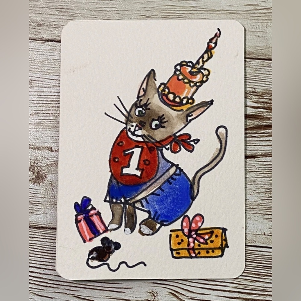 ACEO Original Art Card MY BIRTHDAY ATC 2.5 x 3.5" SILLY CAT Series Card #8